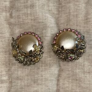 Vintage Clip On Earrings Gold Tone Button  Floral Bead Brown Rhinestone Accent